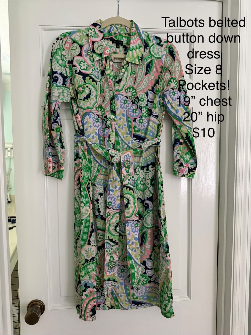 Talbots Green Pink and Navy Paisley Belted Shirt Dress